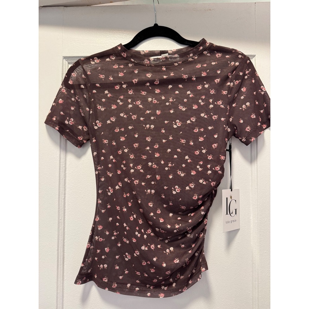 Lola Grace Womens Brown Pink Floral Mesh Ruched Short Sleeve Top XS‎ NWT